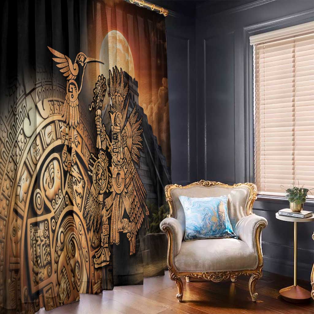 Black window curtain with large Aztec hummingbird and warrior gold ornament motif