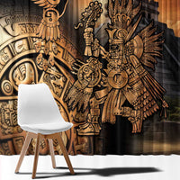 Aztec hummingbird and warrior gold print window curtain with black fabric backdrop