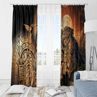 Black window curtain with Aztec hummingbird and warrior gold motif, floor-length panels