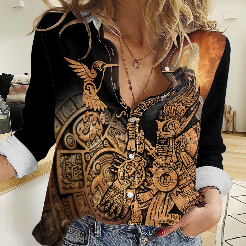 Mexico Warrior Women Casual Shirt Huitzilopochtli With Aztec Hummingbird