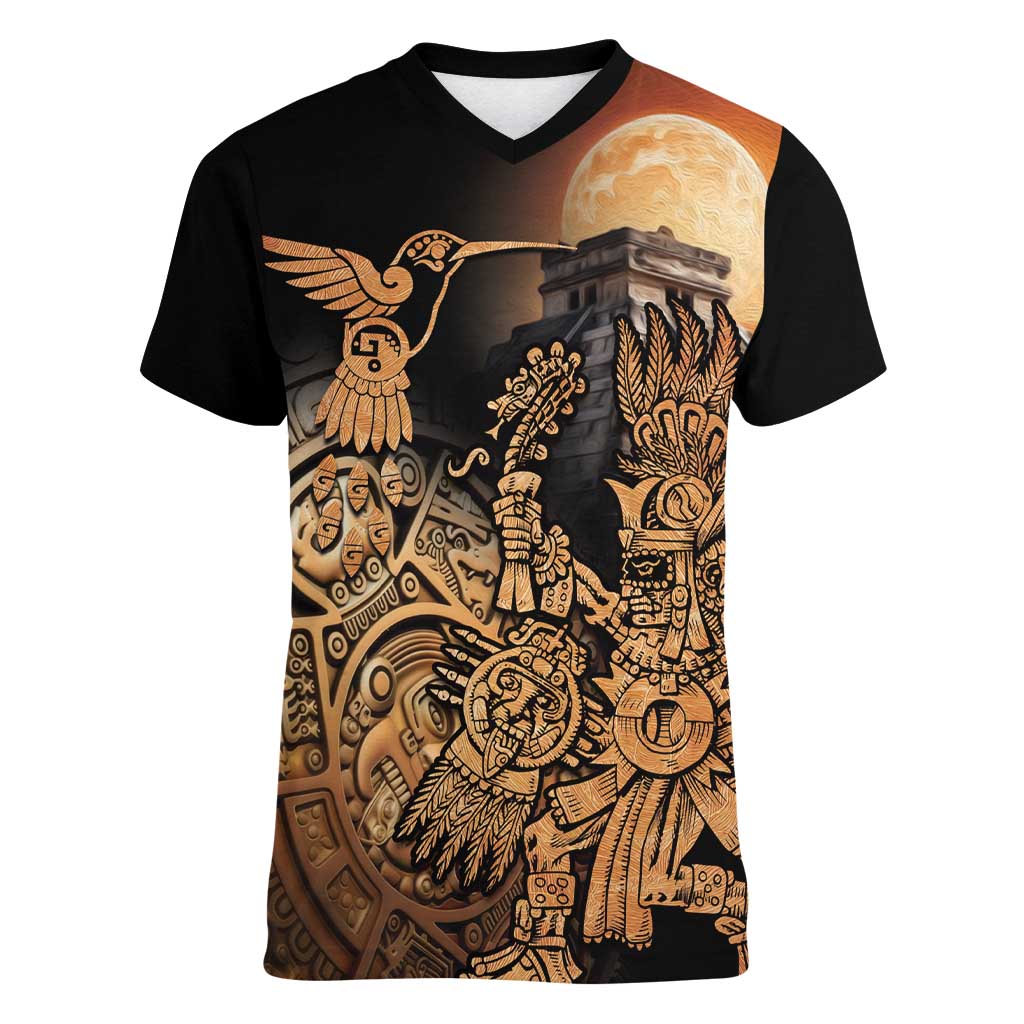 Mexico Warrior Women V-Neck T-Shirt Huitzilopochtli With Aztec Hummingbird