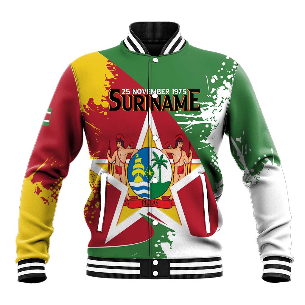 Green varsity baseball jacket with zip front, striped collar, and Suriname coat-of-arms print