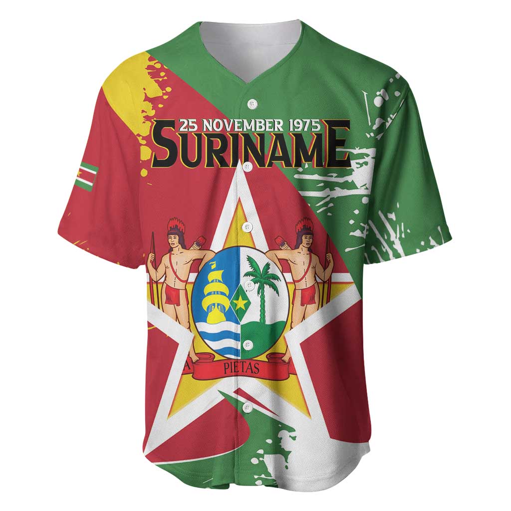 Green red white personalized Suriname baseball jersey with crest, stars, and date print