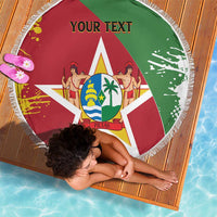 Round beach blanket with Suriname flag graphic, YOUR TEXT text, and white fringe border
