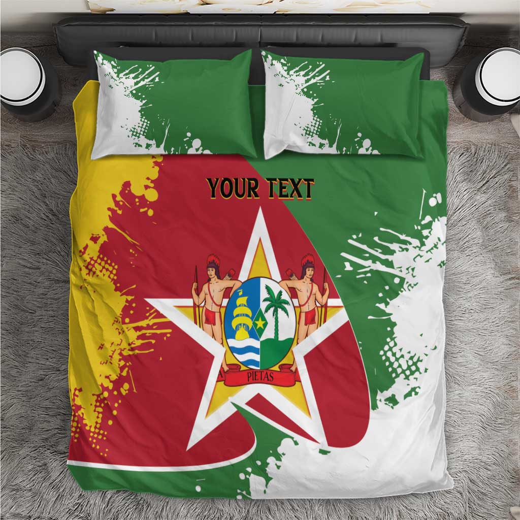 Suriname independence day bedding set with red, green, yellow flag design and 'YOUR TEXT'