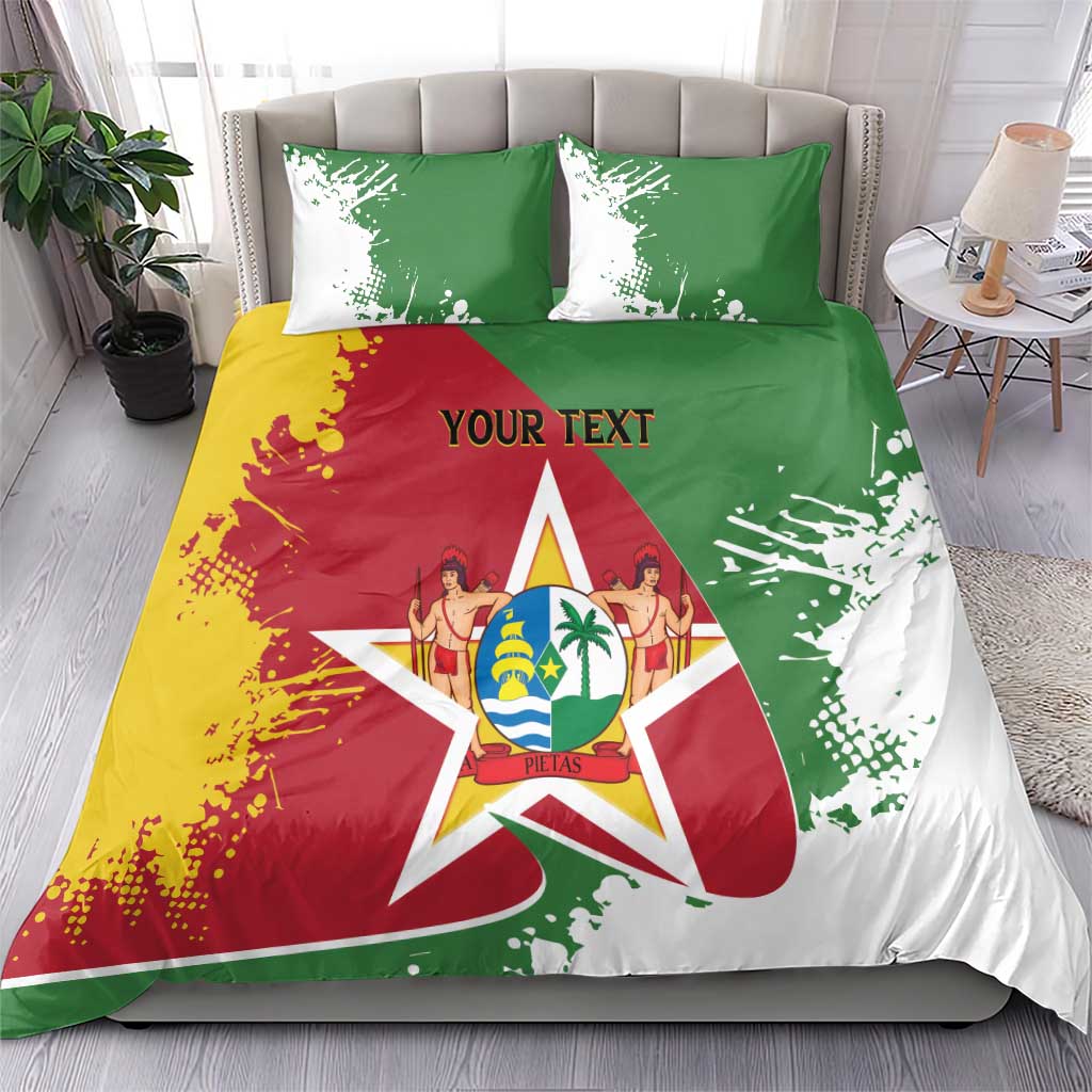 Suriname bedding set with coat of arms star, two pillowcases, and personalized 'YOUR TEXT'