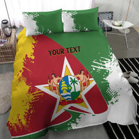 Suriname independence day duvet cover with flag colors, coat of arms star, and 'YOUR TEXT'