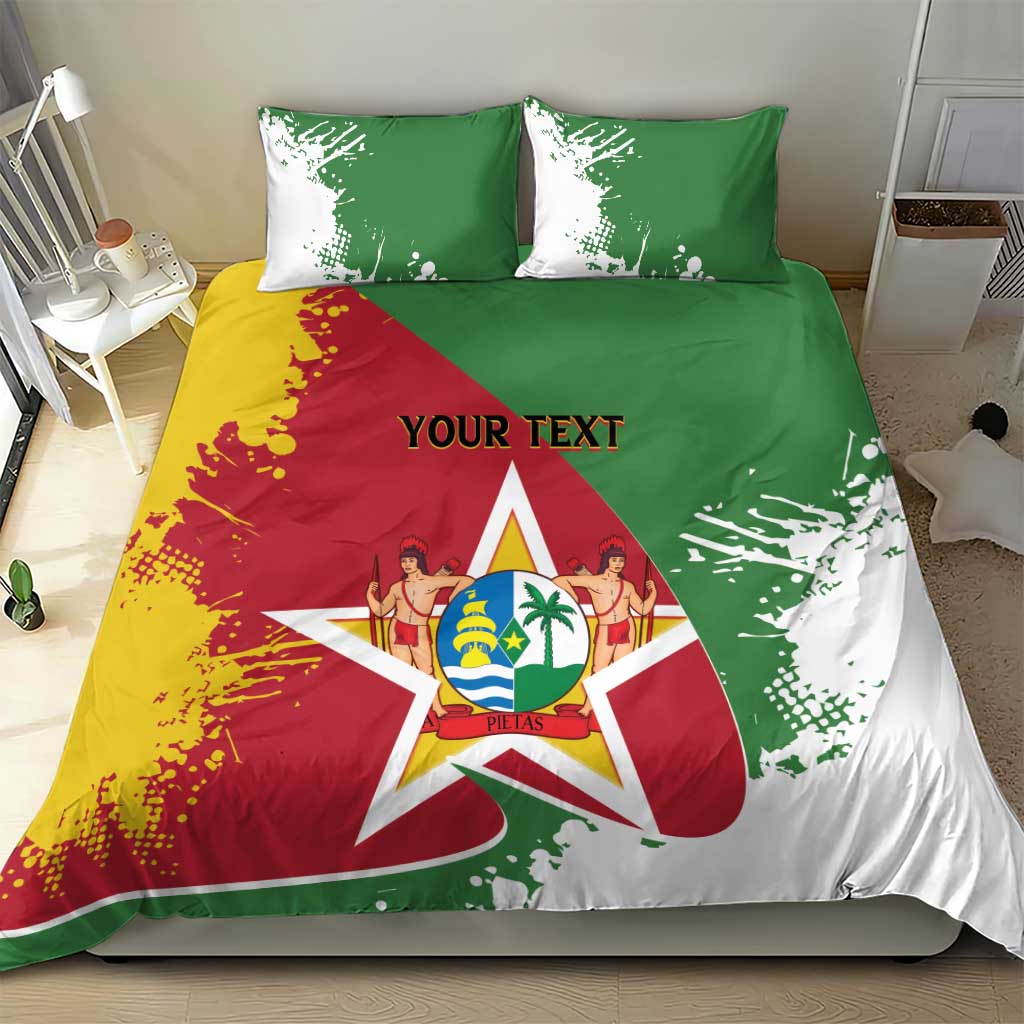 Suriname bedding set featuring central star emblem on red, green, and yellow flag with 'YOUR TEXT'