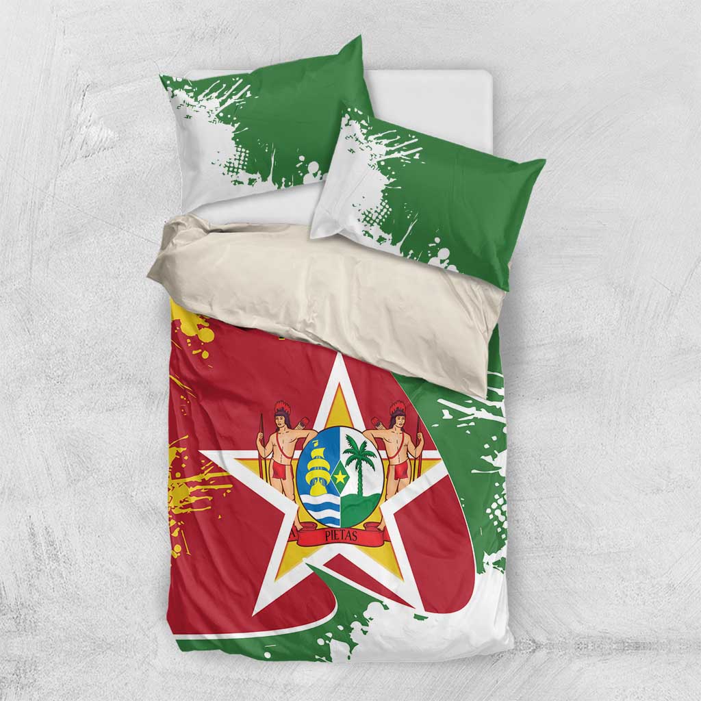 Suriname flag bedding set with two green pillowcases and central star emblem, 'YOUR TEXT'