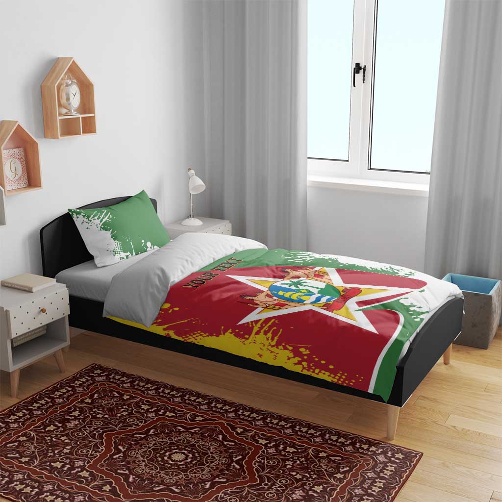 Suriname independence day bedding set with flag design, coat of arms star, and 'YOUR TEXT'