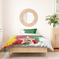 Suriname bedding set with red, green, and yellow flag design, star emblem, and 'YOUR TEXT'
