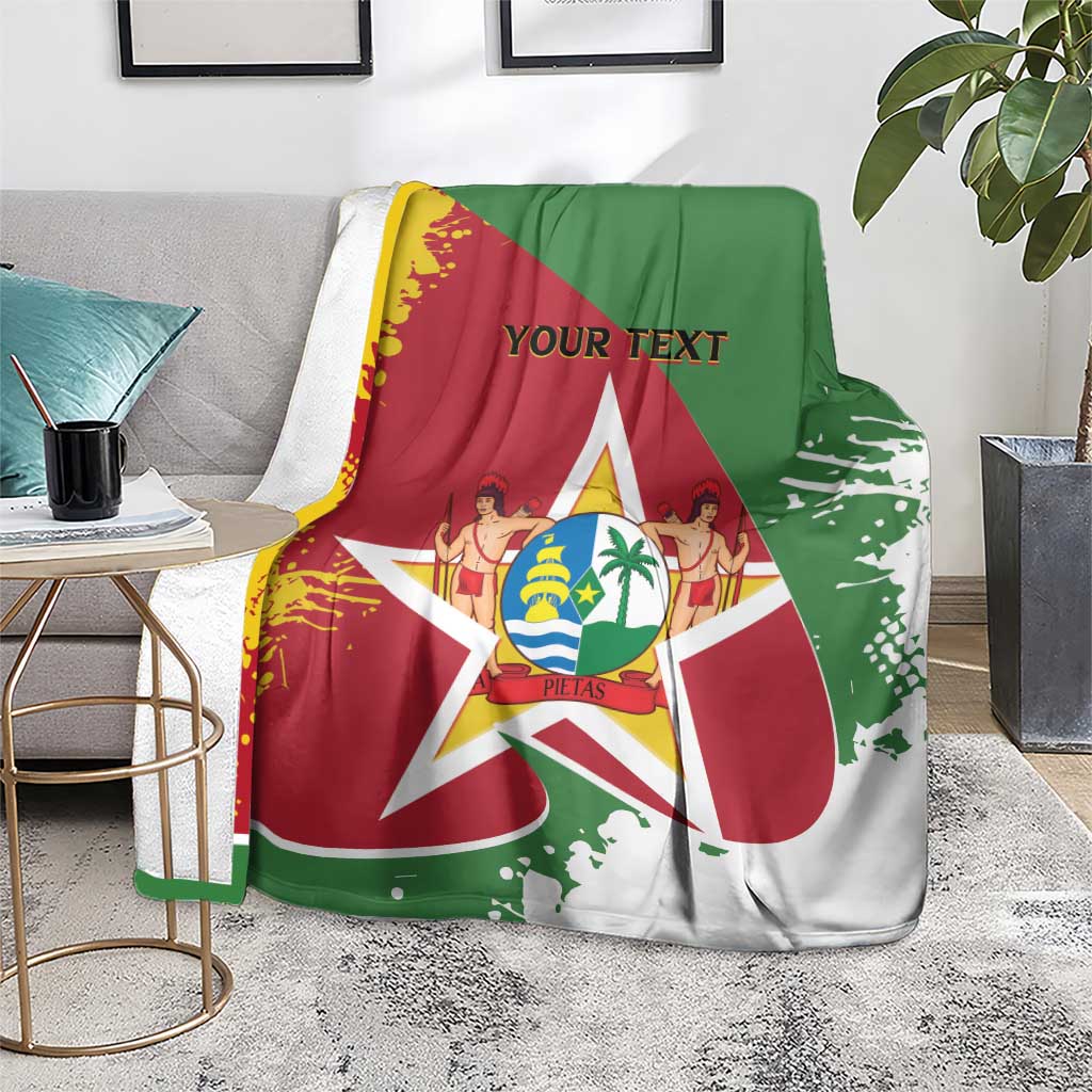 Suriname flag blanket coat featuring coat-of-arms star, green red yellow design, on living room couch