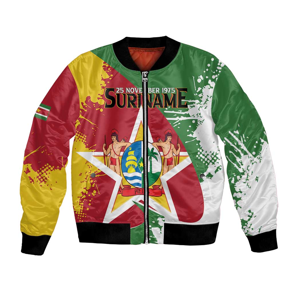 Green bomber jacket with Suriname flag print and central coat of arms, full zip