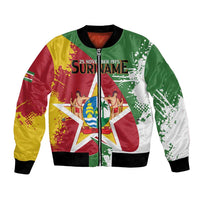 Green bomber jacket with Suriname flag print and central coat of arms, full zip