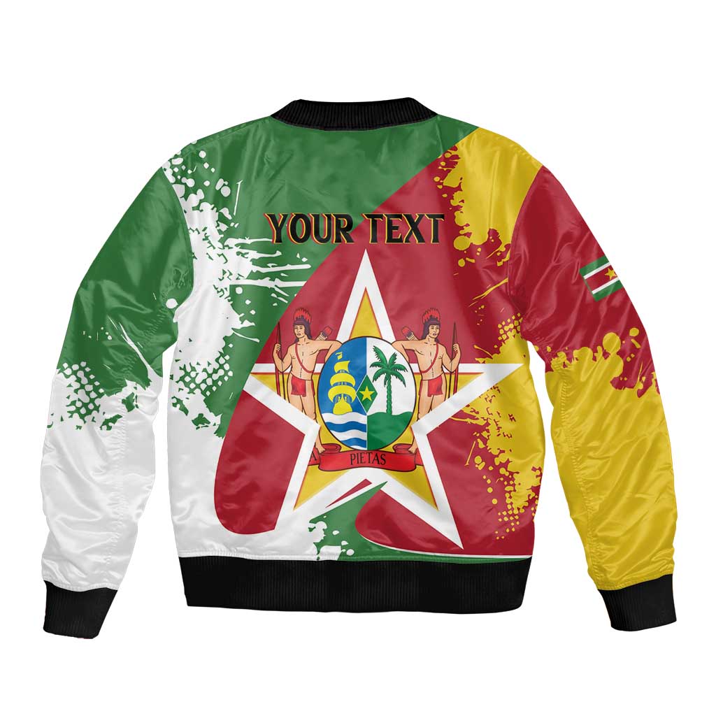 Green bomber jacket with Suriname flag star graphic and editable text 'YOUR TEXT'