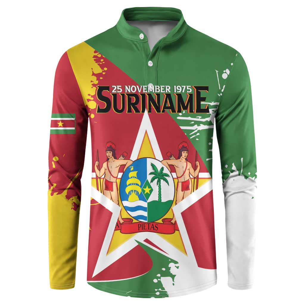 Green button henley sweatshirt with Suriname crest, '25 November 1975' and star