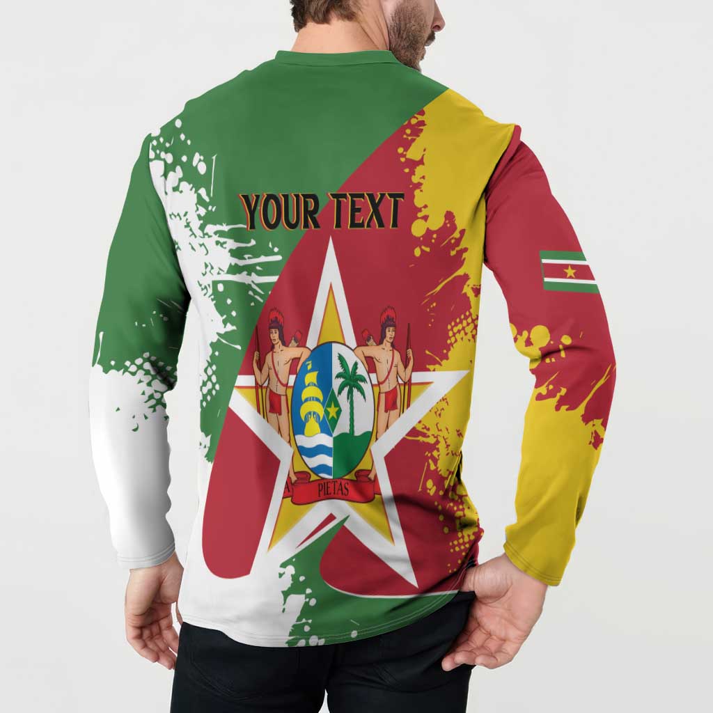 Back view green button henley sweatshirt with YOUR TEXT over Suriname star print