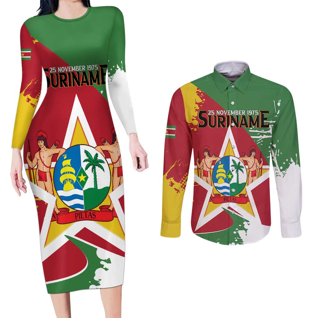 Personalized Suriname Independence Day Couples Matching Long Sleeve Bodycon Dress and Long Sleeve Button Shirt Coat Of Arms - Flag Style - Wonder Print Shop