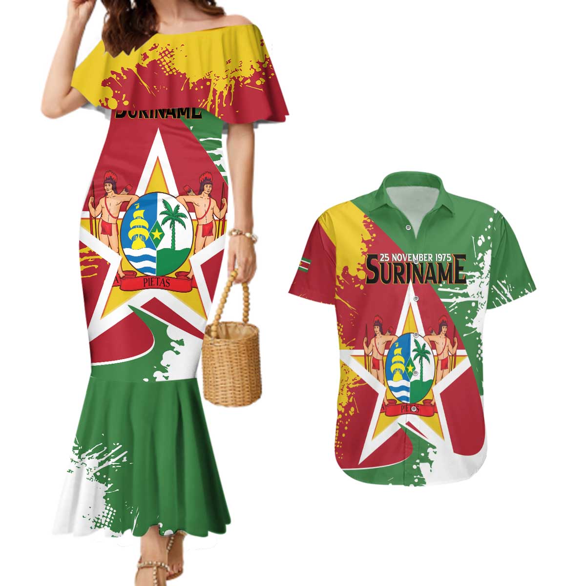 Personalized Suriname Independence Day Couples Matching Mermaid Dress and Hawaiian Shirt Coat Of Arms - Flag Style - Wonder Print Shop