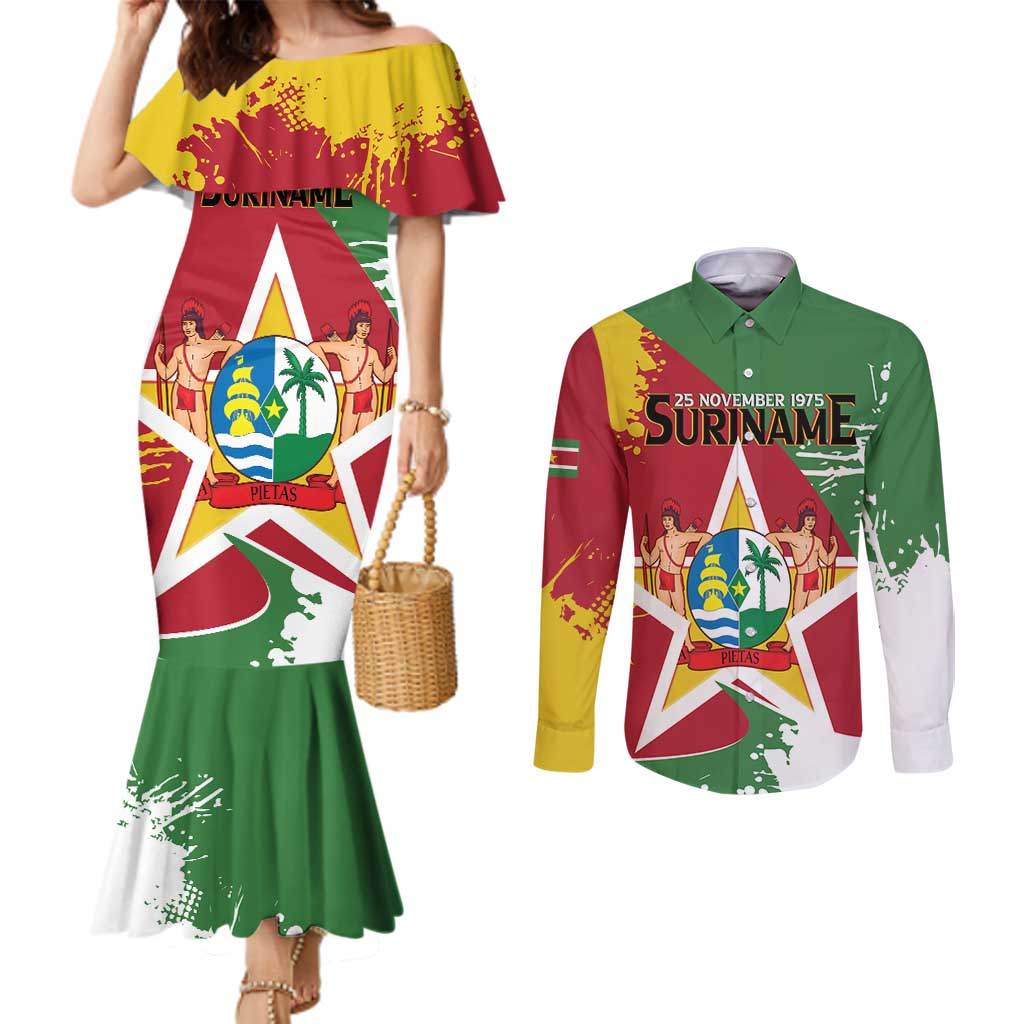 Personalized Suriname Independence Day Couples Matching Mermaid Dress and Long Sleeve Button Shirt Coat Of Arms - Flag Style