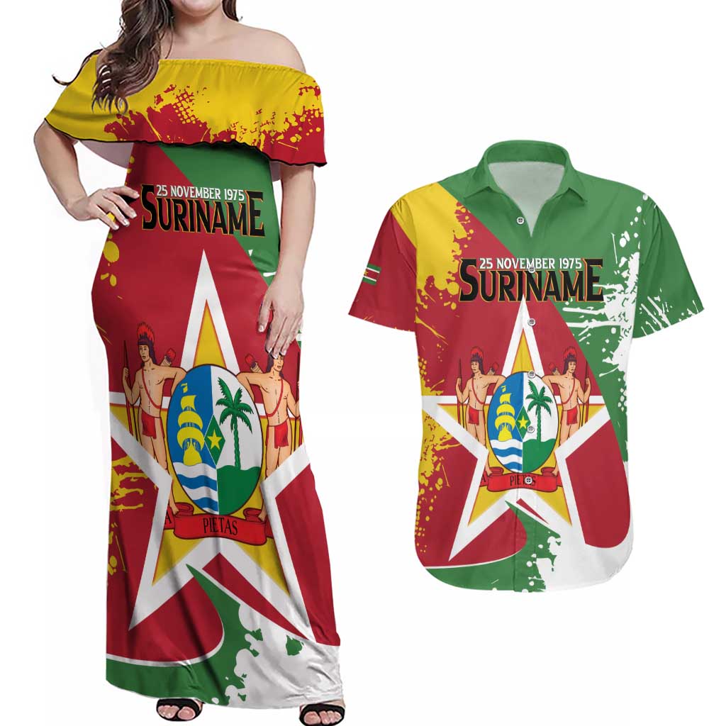 Personalized Suriname Independence Day Couples Matching Off Shoulder Maxi Dress and Hawaiian Shirt Coat Of Arms - Flag Style - Wonder Print Shop