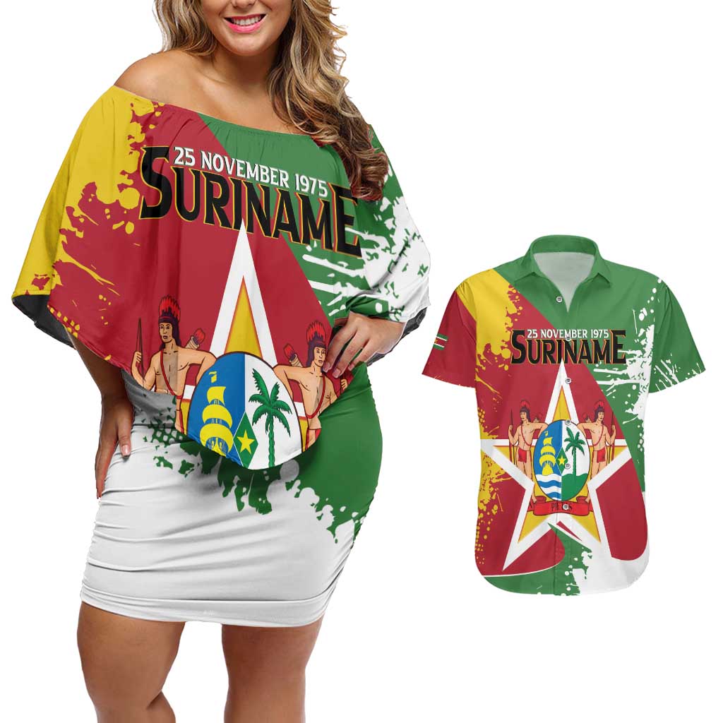 Personalized Suriname Independence Day Couples Matching Off Shoulder Short Dress and Hawaiian Shirt Coat Of Arms - Flag Style - Wonder Print Shop