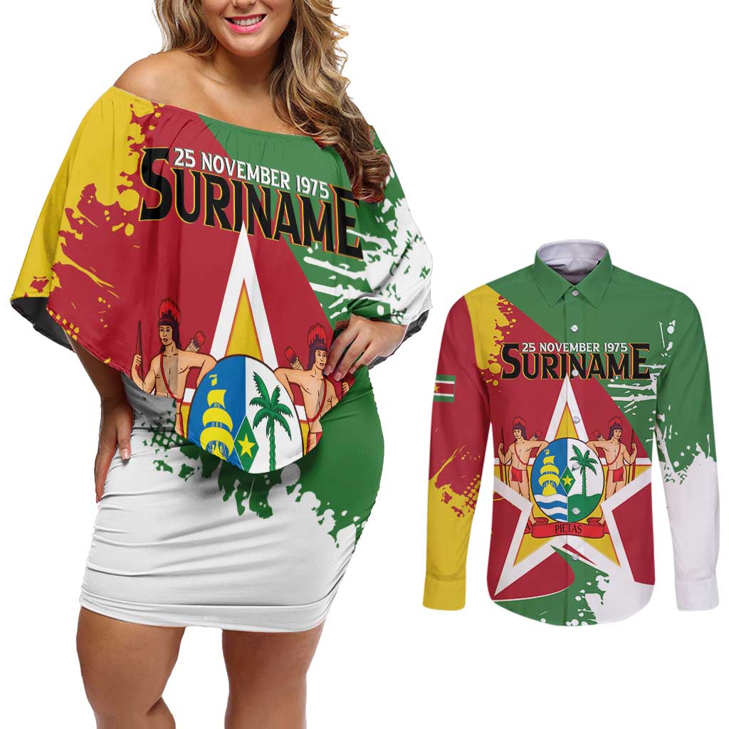 Personalized Suriname Independence Day Couples Matching Off Shoulder Short Dress and Long Sleeve Button Shirt Coat Of Arms - Flag Style - Wonder Print Shop