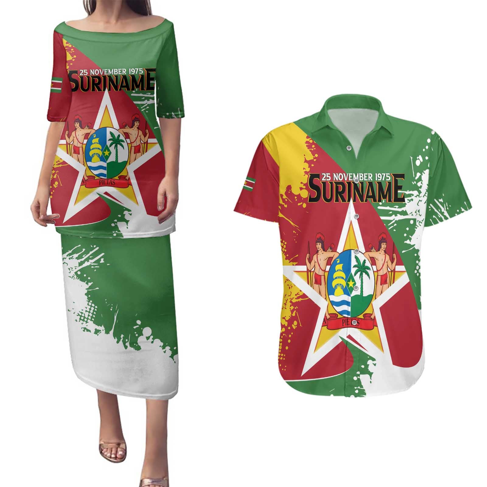 Personalized Suriname Independence Day Couples Matching Puletasi and Hawaiian Shirt Coat Of Arms - Flag Style - Wonder Print Shop