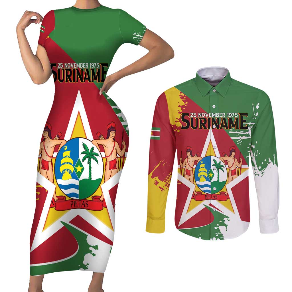 Personalized Suriname Independence Day Couples Matching Short Sleeve Bodycon Dress and Long Sleeve Button Shirt Coat Of Arms - Flag Style - Wonder Print Shop