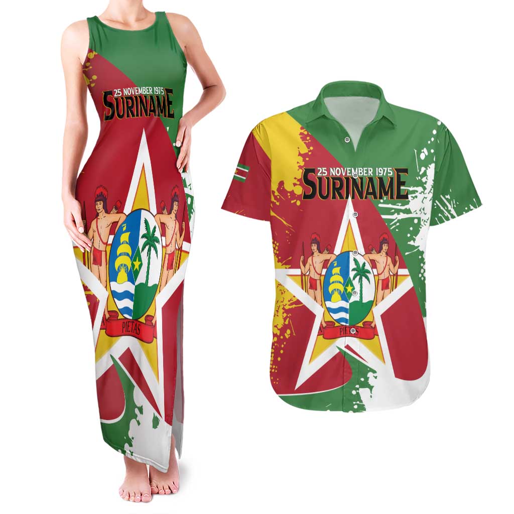 Personalized Suriname Independence Day Couples Matching Tank Maxi Dress and Hawaiian Shirt Coat Of Arms - Flag Style - Wonder Print Shop