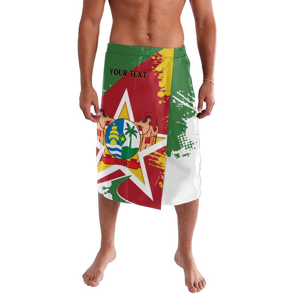 Green and white Suriname coat-of-arms wrap skirt with 'YOUR TEXT' and flag graphic
