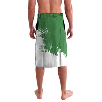 Green and white wrap skirt with splatter-style flag design and elastic waistband