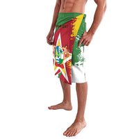 Green, yellow, red and white wrap skirt with coat-of-arms flag print