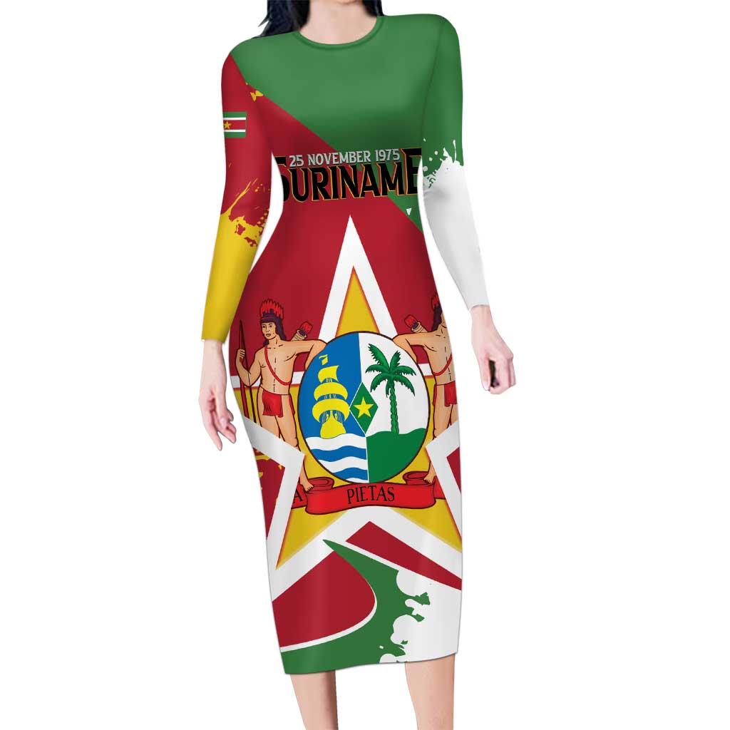 Personalized Suriname Independence Day Long Sleeve Bodycon Dress Coat Of Arms - Flag Style - Wonder Print Shop