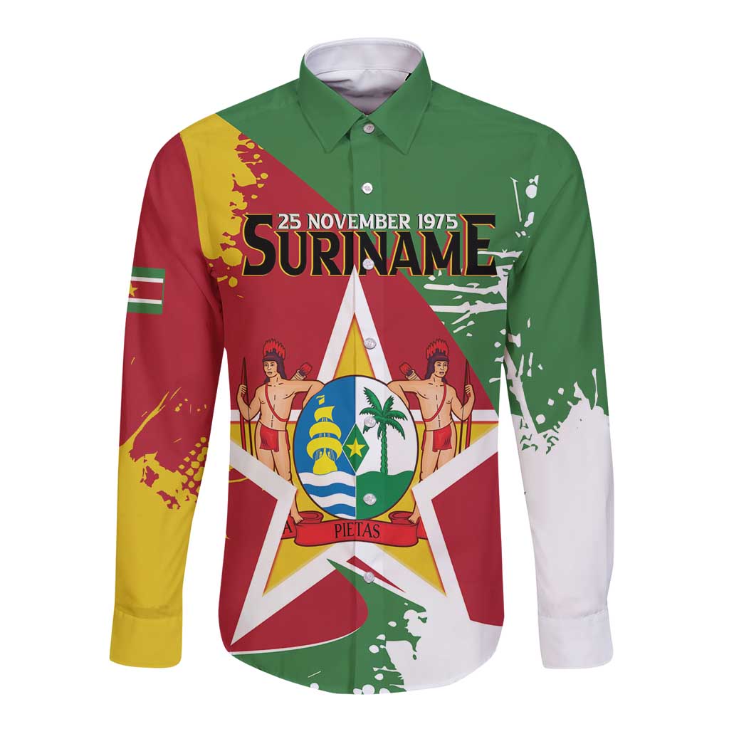 Green long-sleeve button shirt with Suriname coat of arms and 'SURINAME' on front