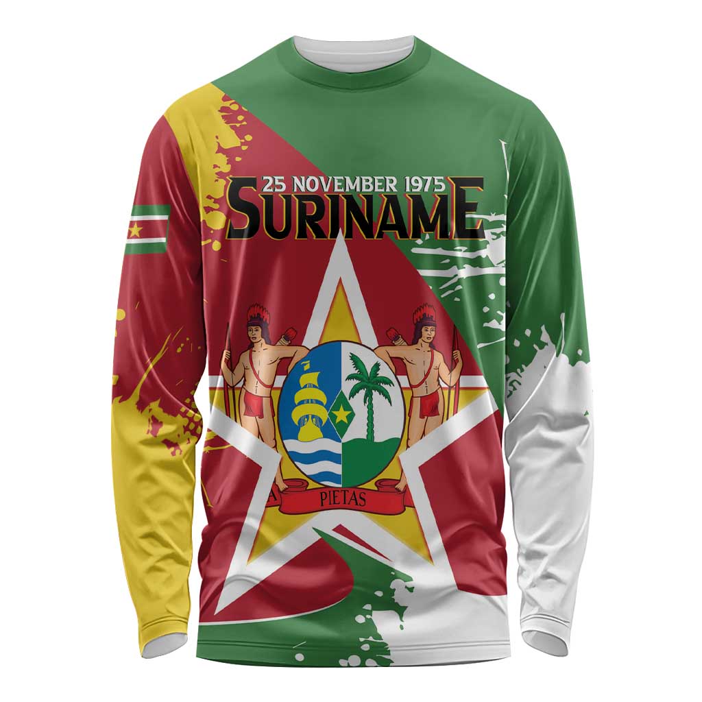 Green long-sleeve crewneck shirt with Suriname flag graphic and coat-of-arms emblem