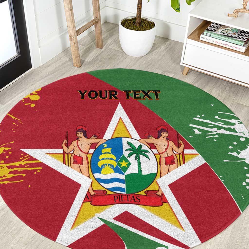 Round carpet rug with Suriname coat of arms, red-green star, and 'YOUR TEXT'.
