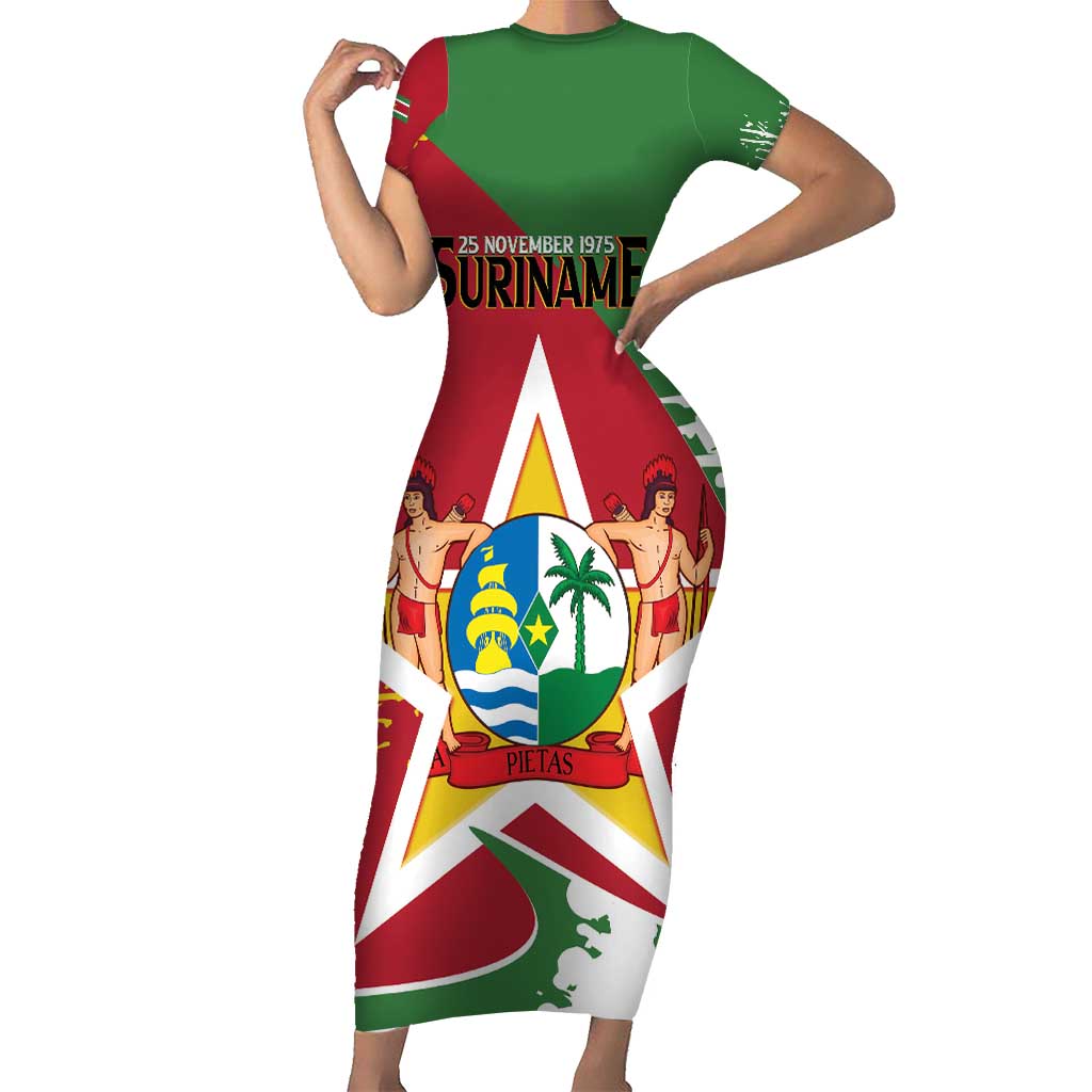 Personalized Suriname Independence Day Short Sleeve Bodycon Dress Coat Of Arms - Flag Style - Wonder Print Shop