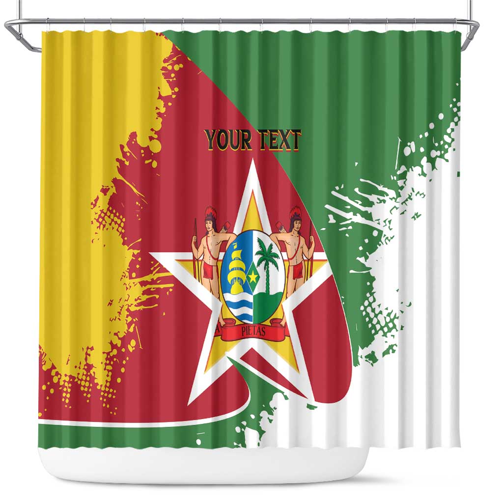 Suriname flag-style shower curtain with coat of arms, green yellow red, and 'YOUR TEXT'