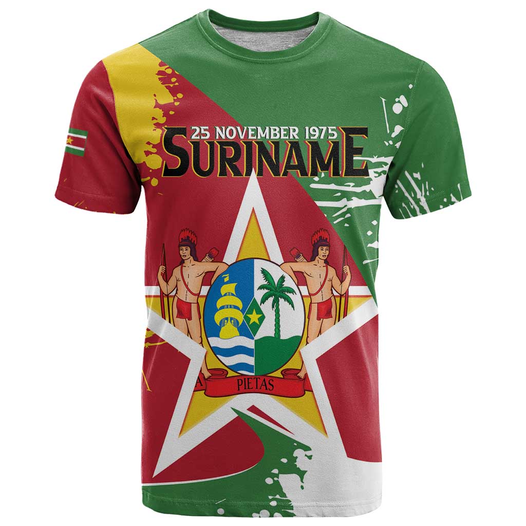 Personalized Suriname Independence Day T Shirt Coat Of Arms - Flag Style - Wonder Print Shop