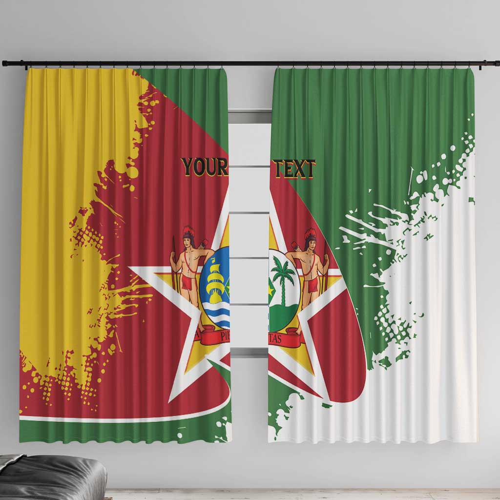 Suriname flag-style personalized window curtain panels, red yellow green coat of arms design