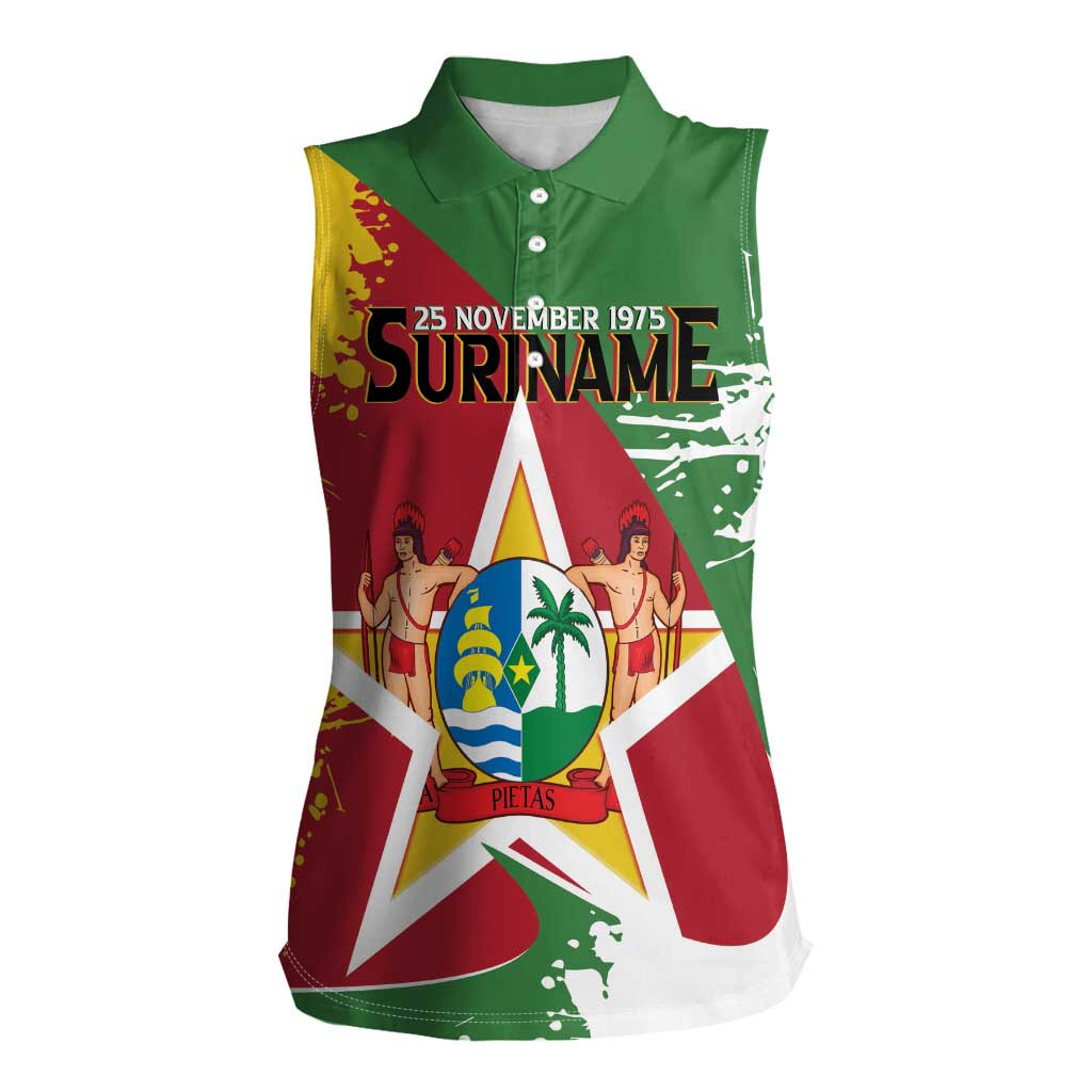 Personalized Suriname Independence Day Women Sleeveless Polo Shirt Coat Of Arms - Flag Style - Wonder Print Shop