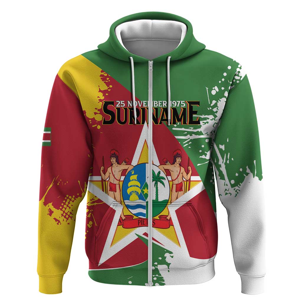 Personalized Suriname Independence Day Zip Hoodie Coat Of Arms - Flag Style - Wonder Print Shop