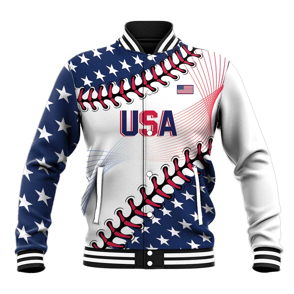 Unisex varsity baseball jacket with USA stars, red stripes, snap front, ribbed trim