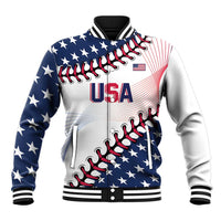 Unisex varsity baseball jacket with USA stars, red stripes, snap front, ribbed trim