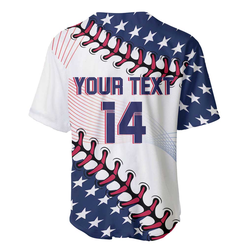 White baseball jersey with Your Text and number 14 on back, stars-and-stripes design