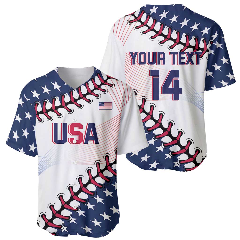 White baseball jersey set: USA front and Your Text 14 back, stars-and-stripes pattern