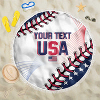 Round beach blanket in white with fringe, “YOUR TEXT USA” graphic and baseball pattern