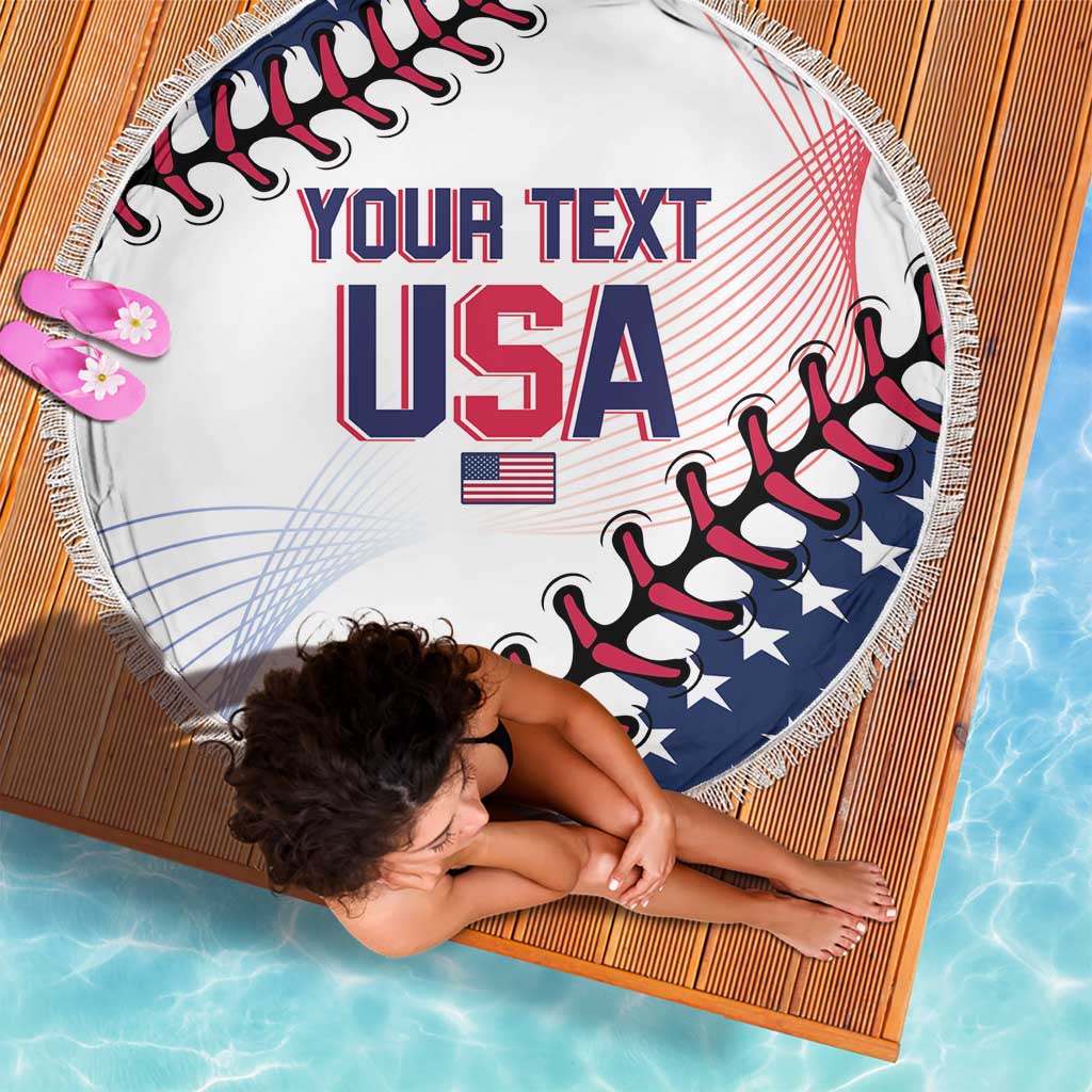 Round white beach blanket with fringe, “YOUR TEXT USA” text and star-striped baseball design