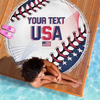 Round white beach blanket with fringe, “YOUR TEXT USA” text and star-striped baseball design